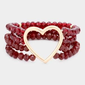 Red Beads Stretch MultiLayered Heart Gold Bracelet Fashion Statement Jewelry